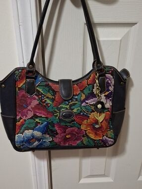 Antigua Multicolor Floral Tapestry Shoulder Bag with Flower Charm Accent